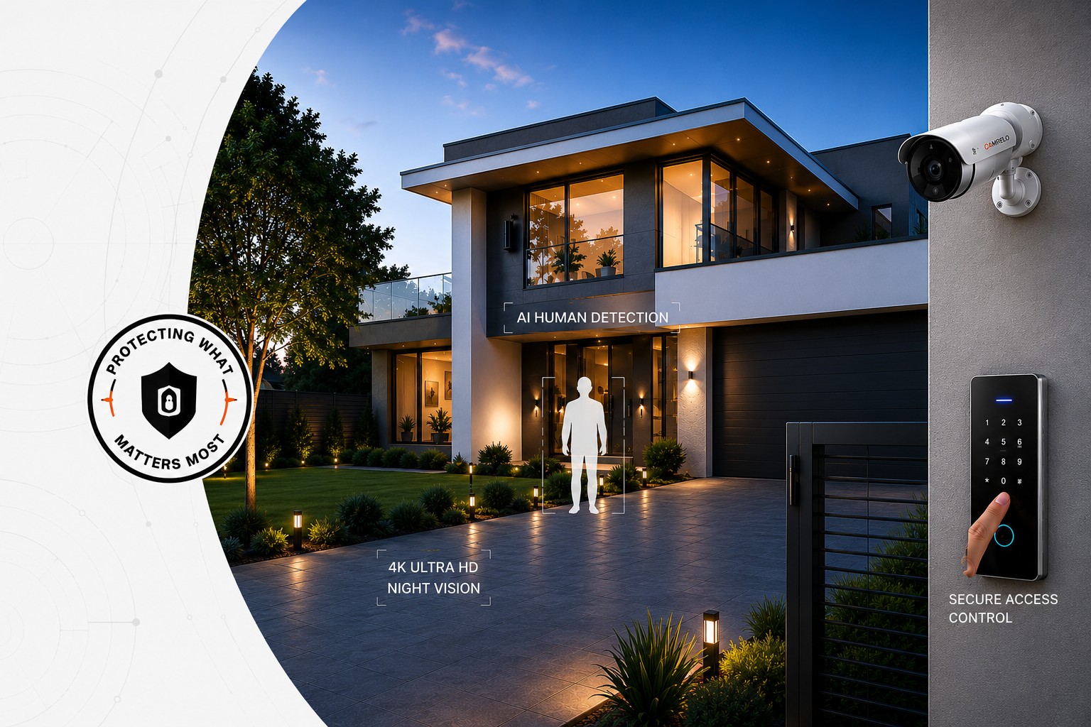 Smart security camera system with AI detection on a Houston home at night