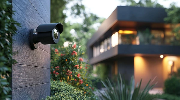 A camera placed around a corner of the house to provide wider coverage.