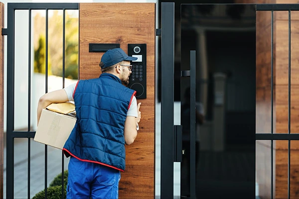 A delivery person interacting with homeowners via a video doorbell.