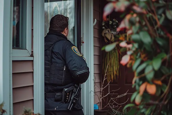 A policeman inspecting a house.
