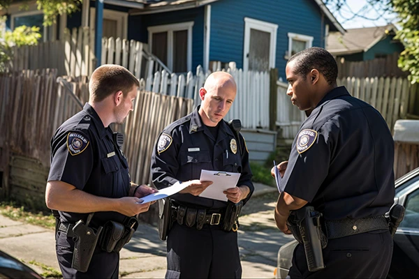 Police inspectors outside of a house.